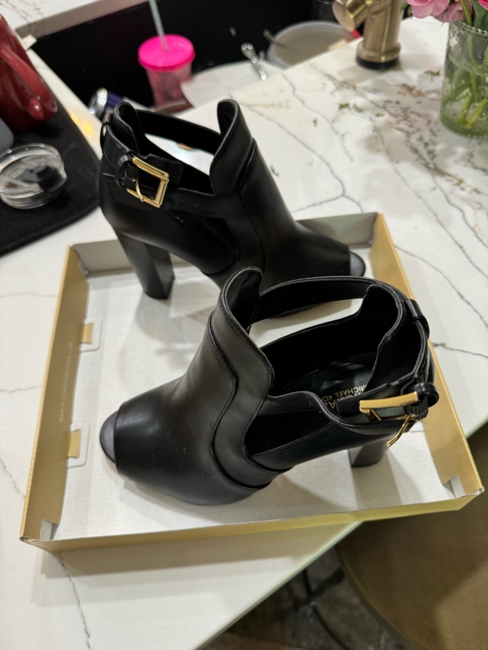Michael Kors Black Leather High Heel Ankle Booties with Gold Buckle